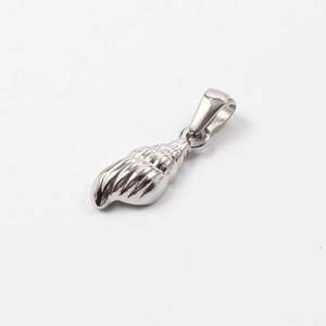 Detailed view of a silver seashell pendant made of polished stainless steel for jewelry DIY