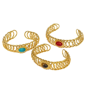 Vintage stainless steel open bangles with turquoise, ruby and tiger eye natural stones