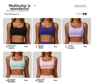 Detaillierte Ansicht hochelastischer Sport-BHs in Schwarz, Blau, Lila, Grün und Rosa