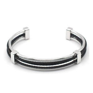 Retro stainless steel open bracelet with black twisted wire rope and silver accents