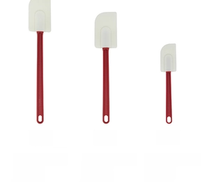 Size chart showing three dimensions of heat resistant silicone spatulas with red handles