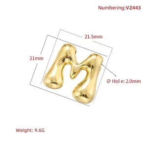 Puffy golden letter M pendant with mirror finish, 21mm size and 2mm hole diameter