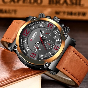 Macro view of DEDIMA chronograph watch with grey dial, gold bezel and brown leather strap
