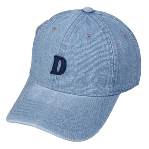 Light blue washed denim baseball cap featuring a navy blue embroidered letter D on front