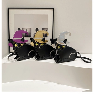 Trois sacs à bandoulière chat d'Halloween en cuir PU noir avec des chapeaux de sorcier
