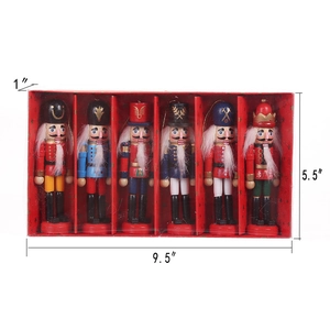 Set of 6 wooden Nutcracker ornaments in a red gift box with product size specifications