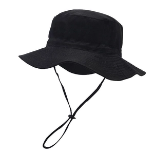 Detail of black children's sun hat with adjustable windproof drawstring and wide brim