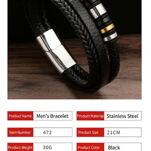 Schwarzes mehrlagiges geflochtenes Lederarmband für Herren mit Edelstahl-Magnetverschluss 21cm