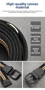 Close-up of striped canvas belt featuring high-quality nylon webbing and matte black pin buckle