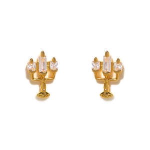 Detailed view of rose gold candleholder earrings with cubic zirconia stones on white background
