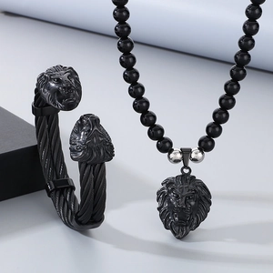 Men's 8mm black onyx bead necklace and stainless steel lion head cable bracelet set