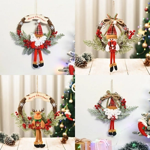 Christmas rattan wreath with Santa and Reindeer dolls for holiday door and wall decoration