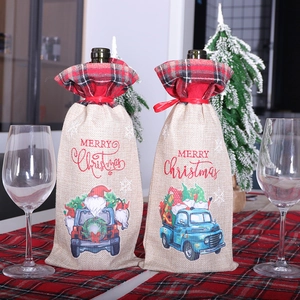 Housse De Bouteille De Vin De Noël Sac Cadeau Toile De Jute Camion Bleu Motifs Gnome Cordon À Carreaux Décor De Table Fête