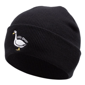 Classic black knit beanie with cute silly goose embroidery for autumn and winter