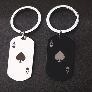 Minimalist stainless steel playing card Ace of Spades keychains in silver and black finish