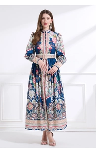 Detailed pattern on long-sleeved vintage floral maxi dress with stand collar and belted waist