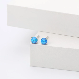 Minimalist S925 sterling silver stud earrings with round blue opal in a 4-prong setting
