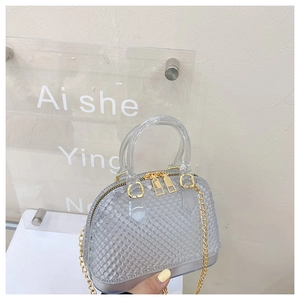 Macro view of clear PVC shell bag with grid texture and gold metal zipper hardware