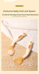 Detail view of flexible baby training fork and spoon set with ergonomic curved handles