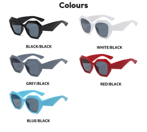 Flat lay of geometric square sunglasses in black, white, gray, red, and blue colors
