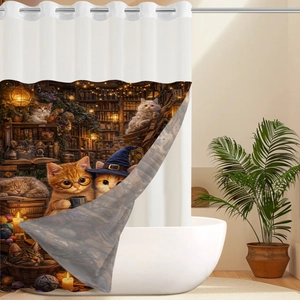 Detail of waterproof shower curtain with library cats illustration and metal grommets