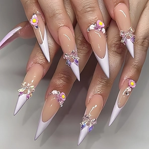 Press On Nails Long Stiletto French White Tip 3D Purple Flower Aurora Bow Rhinestone Nude Pink Fake Nails For Women
