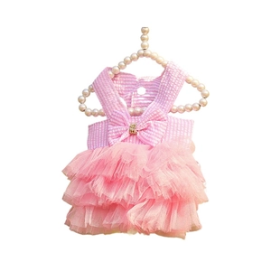 Pink striped dog dress with tiered mesh skirt and rhinestone bow for small pets
