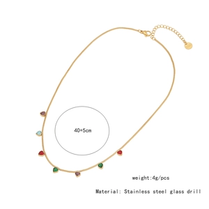 Detail view of colorful heart charms on a gold stainless steel chain with size info