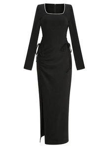 Close-up of square neck dress with pearl rhinestone trim and side drawstring detail