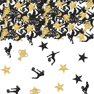 Black and gold soccer confetti with trophies, stars and goal cutouts for sports parties