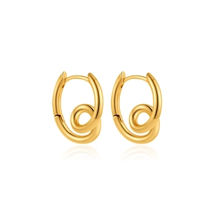 Detail of 18K gold earrings featuring a twisted spiral design with a polished metallic finish