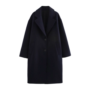 Detail view of navy blue wool coat featuring a classic lapel and two-button closure