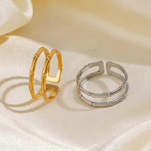 Bague Ouverte Ajustable En Acier Inoxydable Double Couche Design Bambou Pour Femme Style Hip Hop Minimaliste