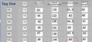 Size chart for plus size chiffon top with petal sleeves from 0XL to 5XL with measurements