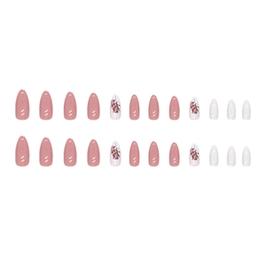 24-teiliges Set Mandel-Kunstnägel in Altrosa, Weiß und mit Blatt-Silhouette-Design