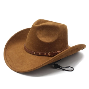 Brown faux suede western cowboy hat featuring a leather belt strap and adjustable chin cord