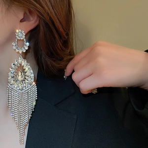 Close-up of silver tassel earrings with crystal flower studs and long rhinestone fringes