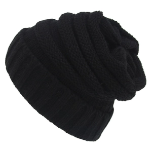 Detail of a black knit beanie showing the ribbed texture and soft thermal material