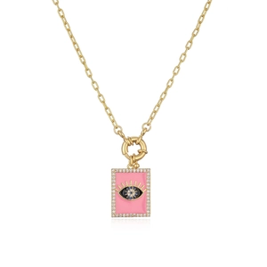 Collana malocchio dorata con pendente rettangolare in smalto rosa e piccoli cristalli