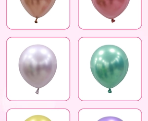 Detail view of 10-inch metallic latex balloons in various glossy chrome colors for parties