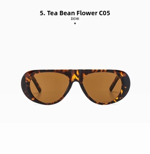 Detail view of oval tortoise shell sunglasses with thick demi frames and brown lenses