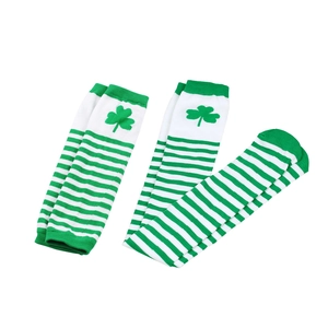Detail of St. Patrick's Day white and green striped leg warmers with clover patterns