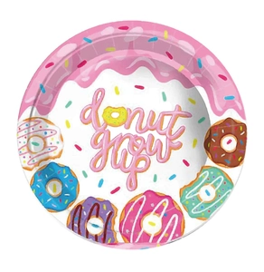 Assiette en papier rose avec graphisme de donut et texte artistique Donut Grow Up