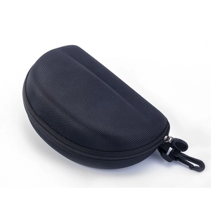 Close-up of black semi-circular EVA glasses case with zipper closure and hanging hook