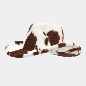 Stylish western cowboy hat with brown and white cow print in plush faux fur material