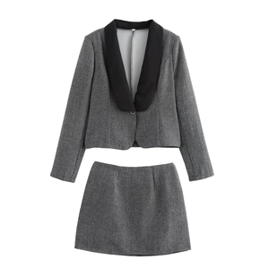 Elegant Women Professional Suit Set Polyester Herringbone Blazer With Mini Skirt Contrast Lapel Office Lady Top And Bottom