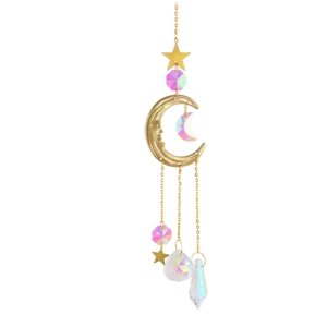 Golden moon and star suncatcher with iridescent crystal prisms for garden decoration