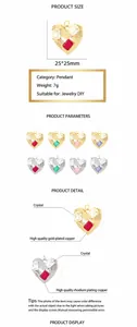 Makro-Detail des 25mm 18K vergoldeten Herzanhängers mit quadratischem Kristall und Diamanten