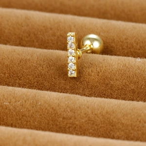 Minimalist gold bar stud earring with cubic zirconia and screw ball back closure