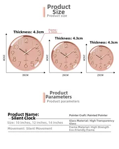 Size chart showing 10, 12, and 14 inch silent wall clocks with specifications and materials